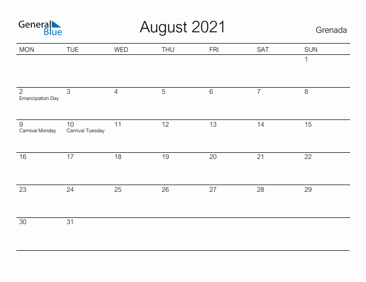 Printable August 2021 Calendar for Grenada