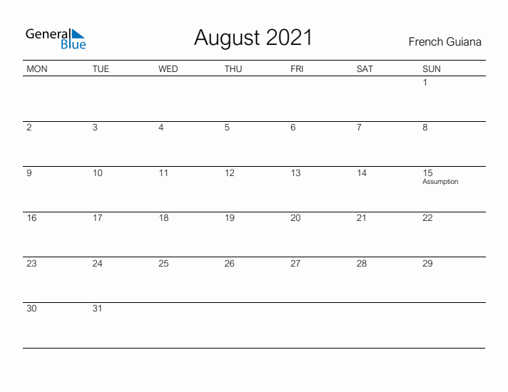 Printable August 2021 Calendar for French Guiana