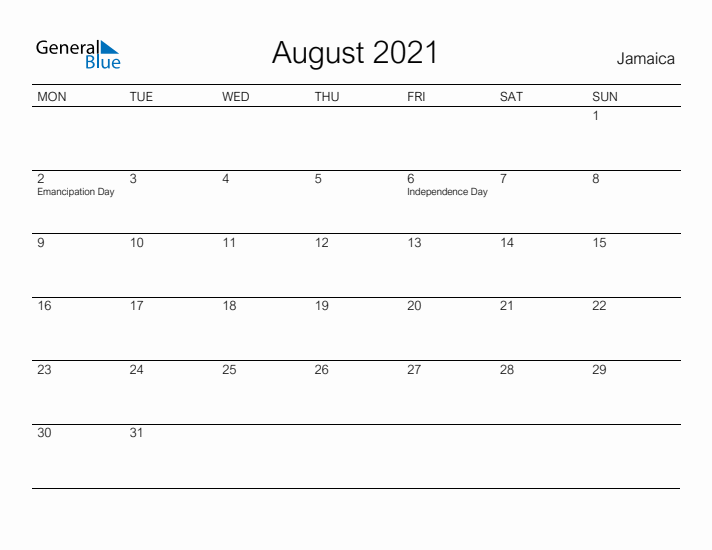 Printable August 2021 Calendar for Jamaica