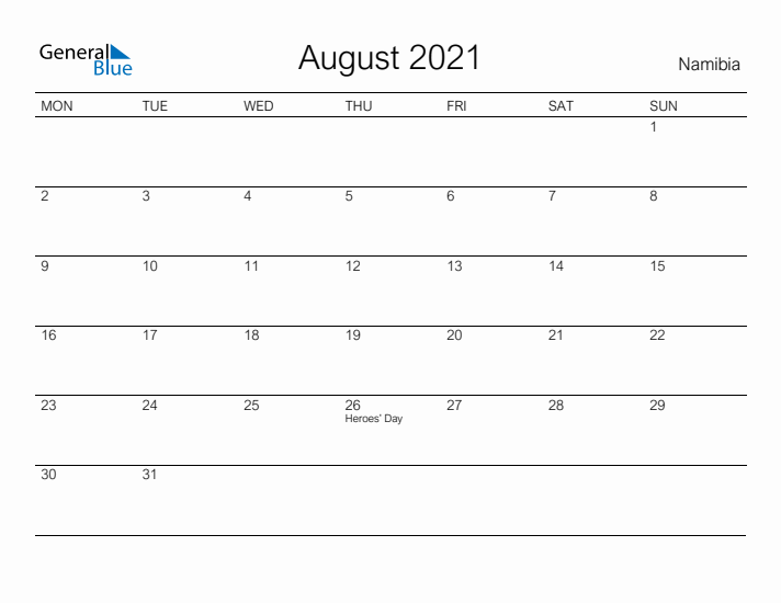 Printable August 2021 Calendar for Namibia