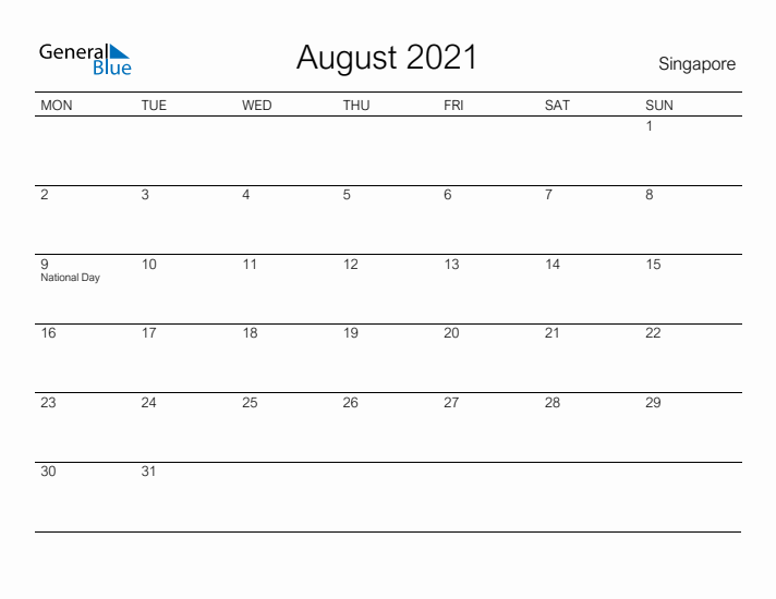 Printable August 2021 Calendar for Singapore