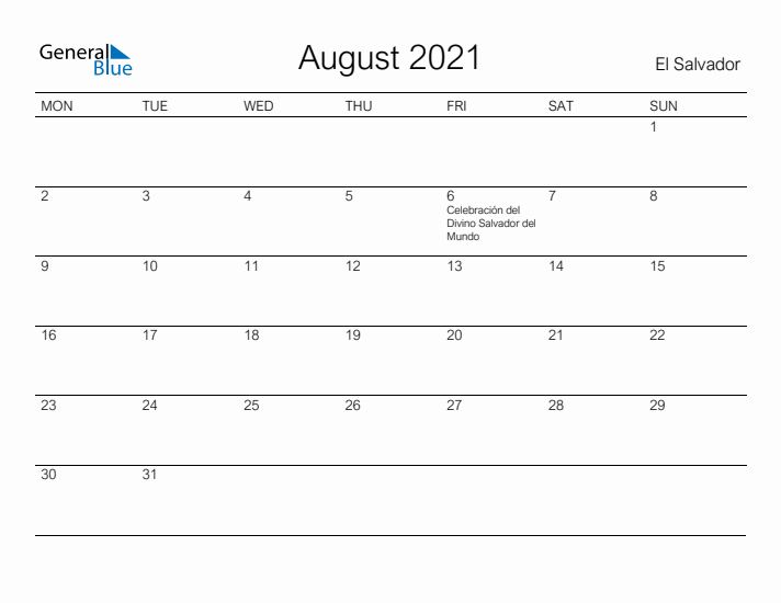 Printable August 2021 Calendar for El Salvador