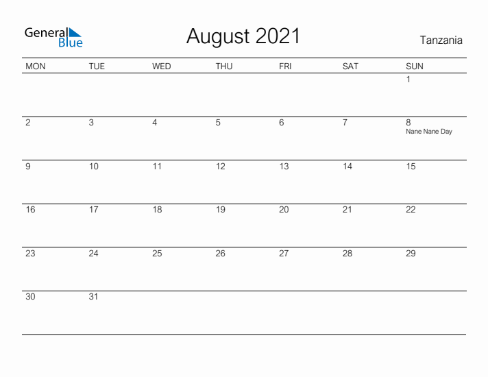 Printable August 2021 Calendar for Tanzania