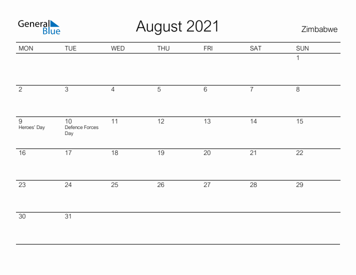 Printable August 2021 Calendar for Zimbabwe