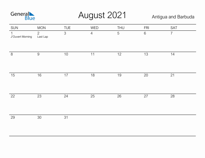 Printable August 2021 Calendar for Antigua and Barbuda