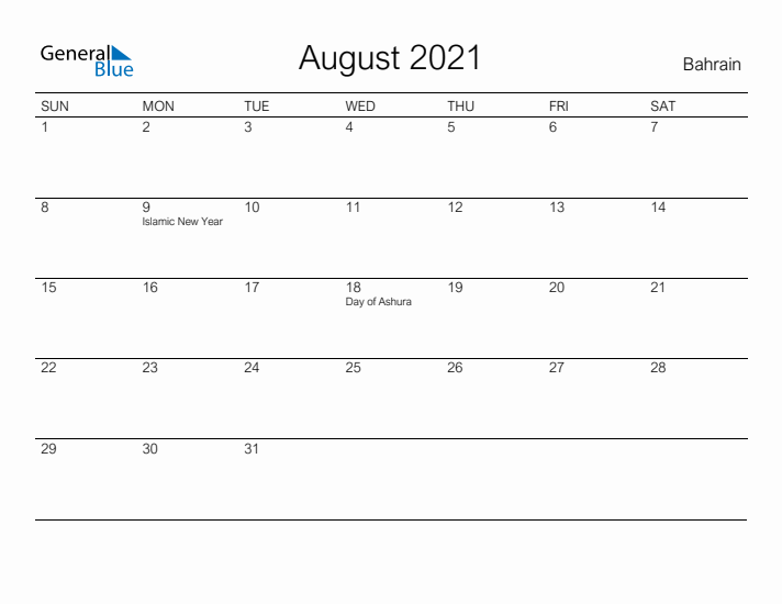 Printable August 2021 Calendar for Bahrain