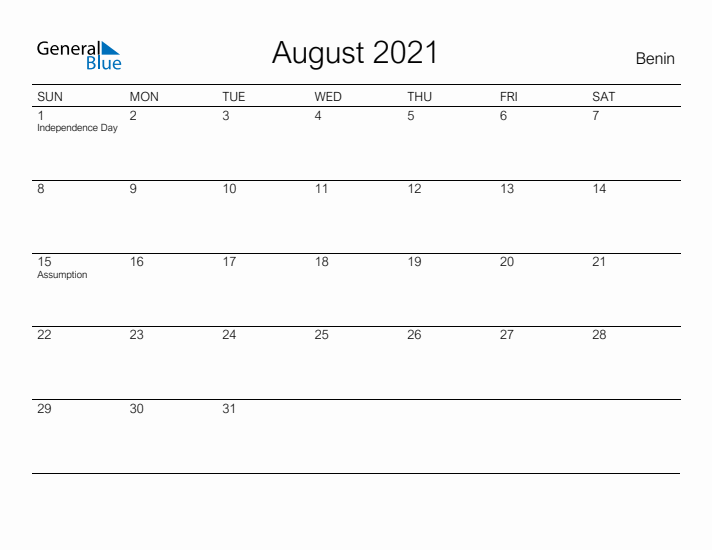 Printable August 2021 Calendar for Benin