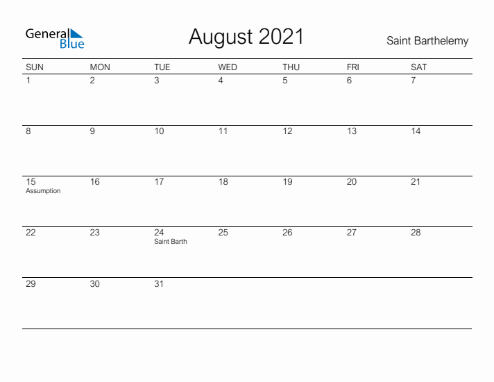 Printable August 2021 Calendar for Saint Barthelemy