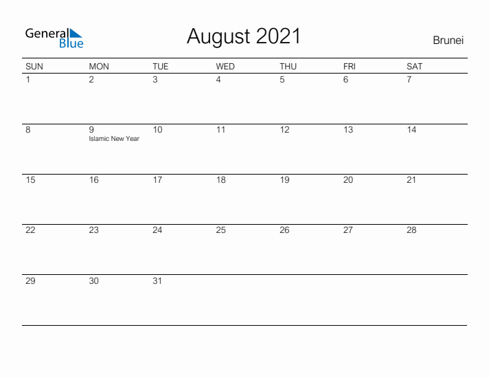 Printable August 2021 Calendar for Brunei