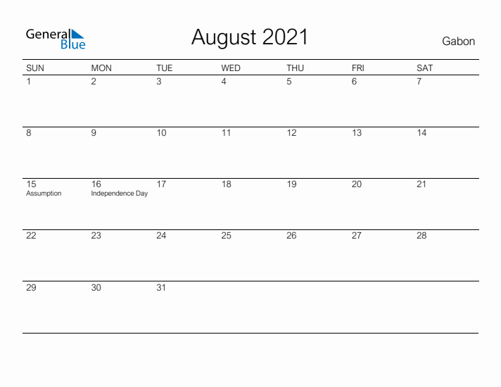 Printable August 2021 Calendar for Gabon