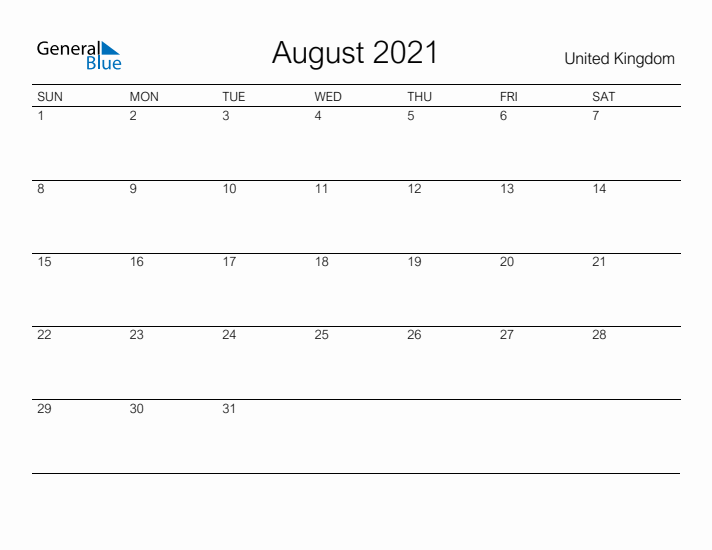 Printable August 2021 Calendar for United Kingdom