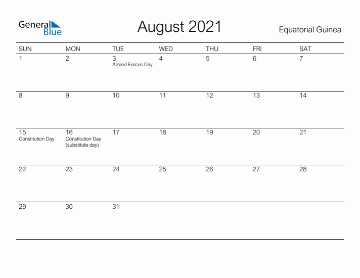 Printable August 2021 Calendar for Equatorial Guinea