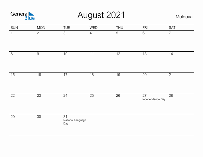 Printable August 2021 Calendar for Moldova