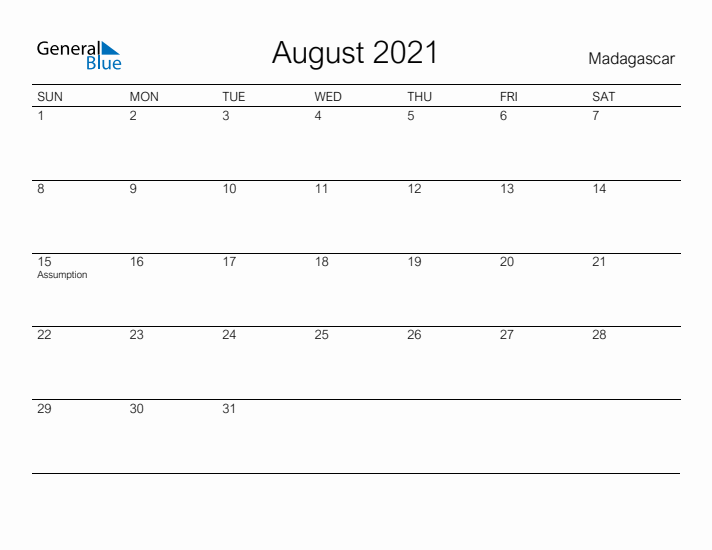 Printable August 2021 Calendar for Madagascar