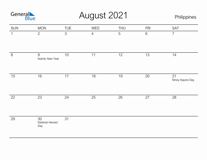 Printable August 2021 Calendar for Philippines