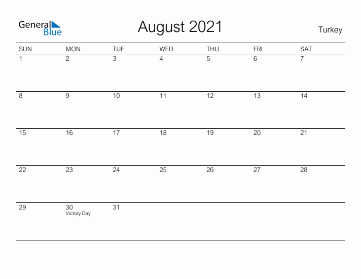 Printable August 2021 Calendar for Turkey