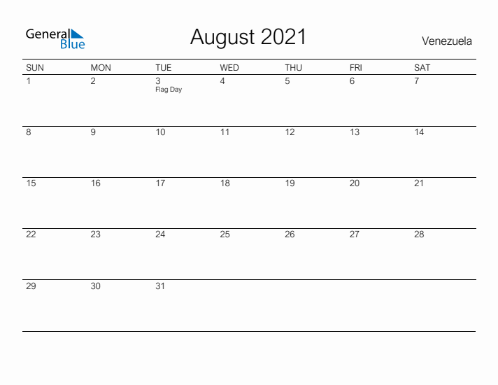 Printable August 2021 Calendar for Venezuela