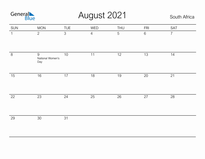 Printable August 2021 Calendar for South Africa