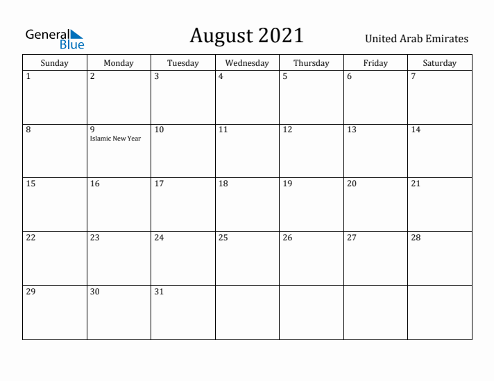 August 2021 Calendar United Arab Emirates