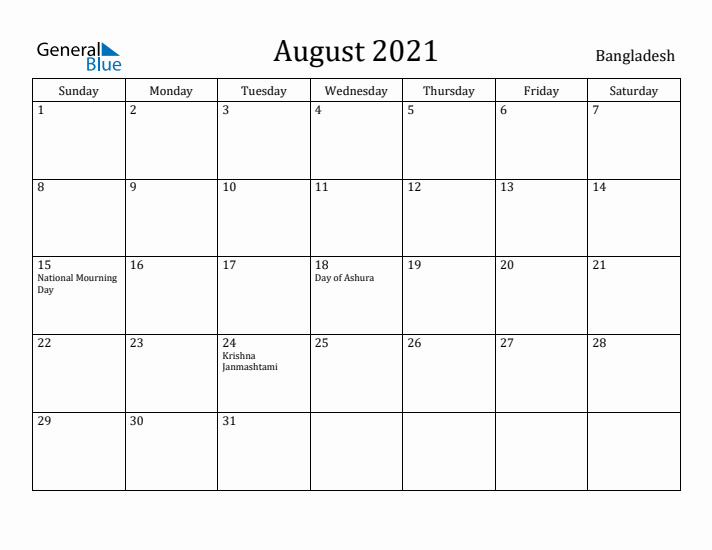 August 2021 Calendar Bangladesh