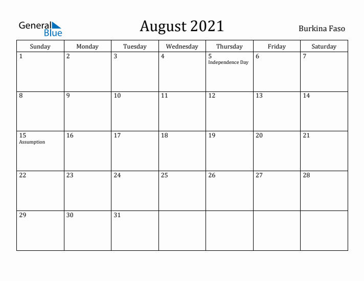 August 2021 Calendar Burkina Faso