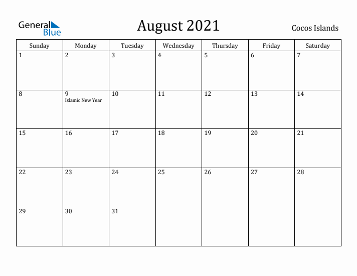 August 2021 Calendar Cocos Islands