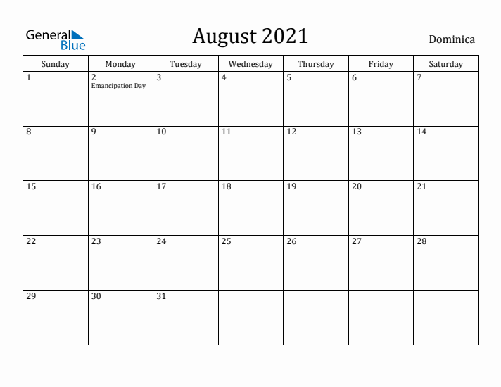 August 2021 Calendar Dominica