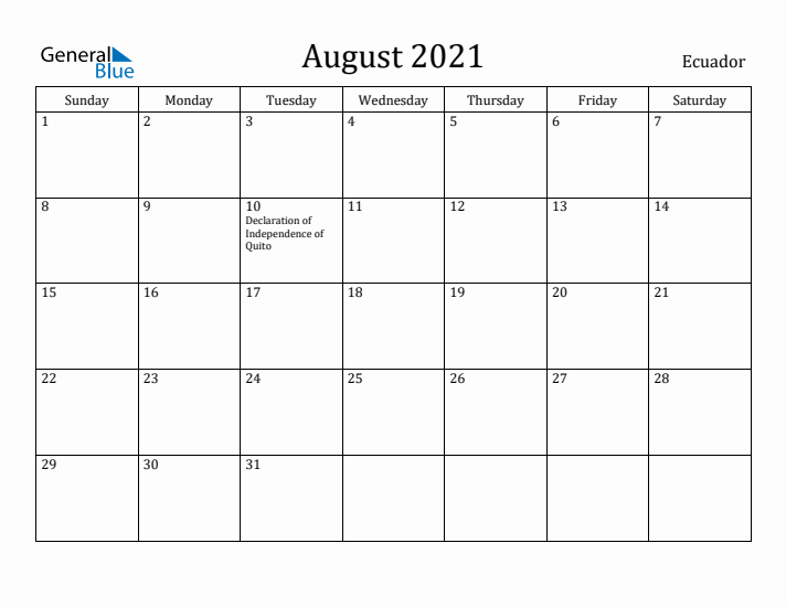 August 2021 Calendar Ecuador