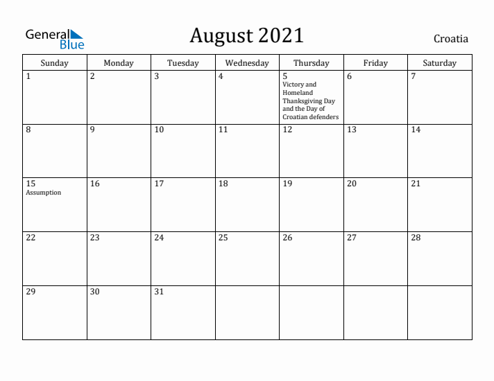 August 2021 Calendar Croatia