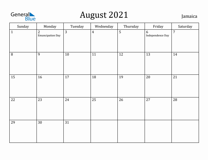 August 2021 Calendar Jamaica