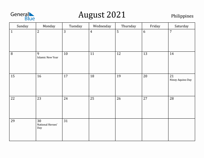 August 2021 Calendar Philippines