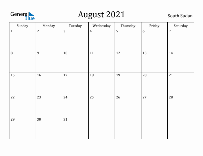 August 2021 Calendar South Sudan