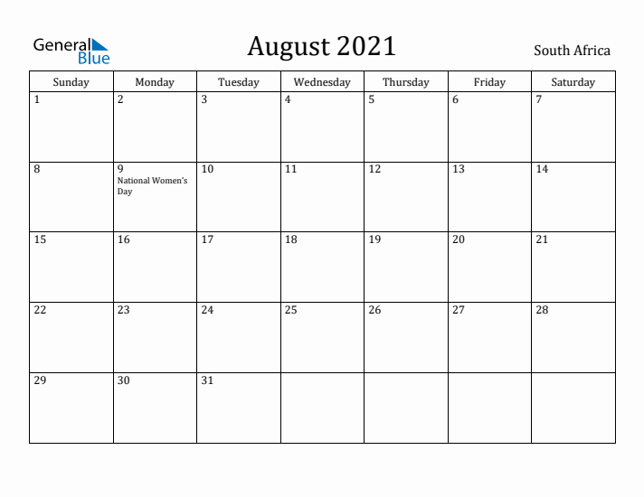 August 2021 Calendar South Africa