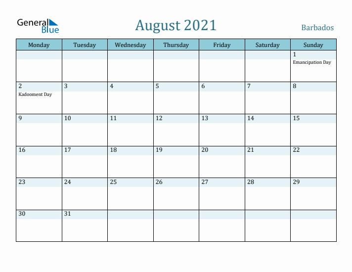 August 2021 Calendar with Holidays