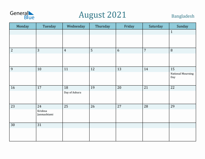 August 2021 Calendar with Holidays