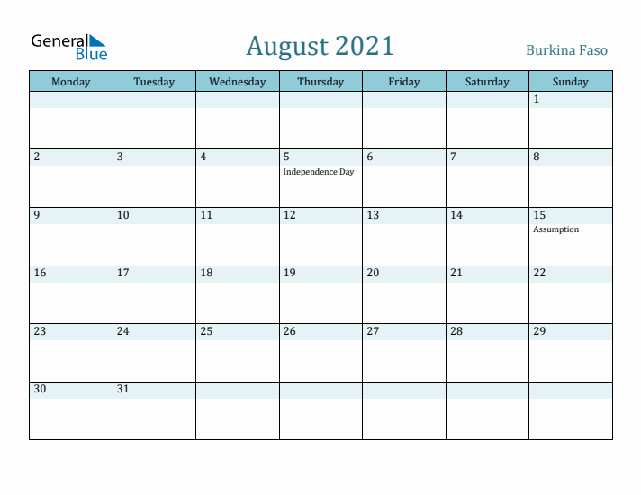 August 2021 Calendar with Holidays