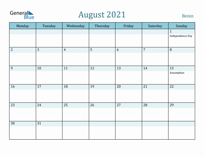 August 2021 Calendar with Holidays