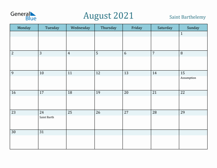 August 2021 Calendar with Holidays