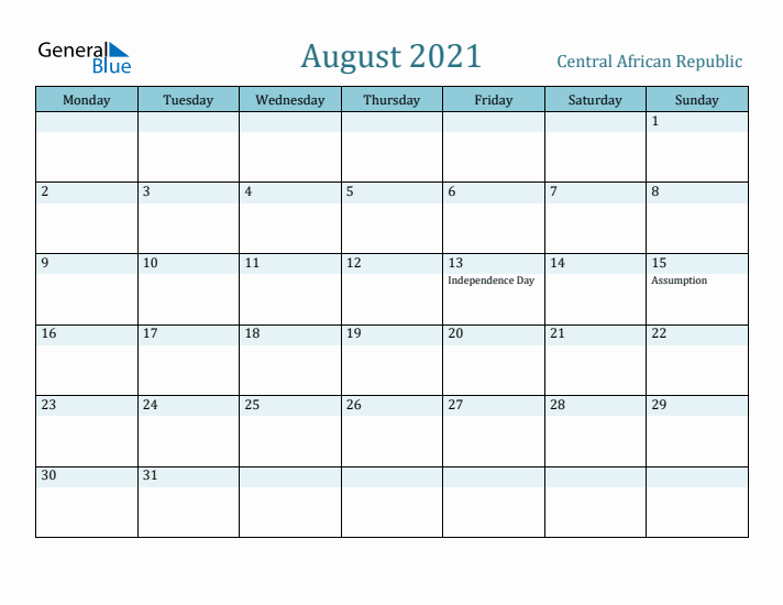 August 2021 Calendar with Holidays