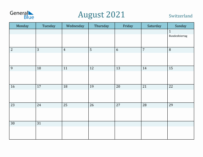 August 2021 Calendar with Holidays