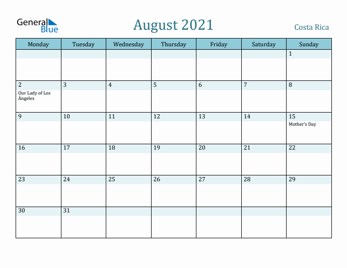 August 2021 Calendar with Holidays