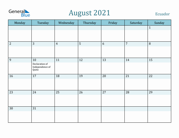 August 2021 Calendar with Holidays