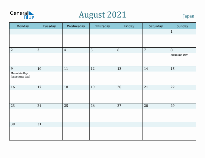 August 2021 Calendar with Holidays