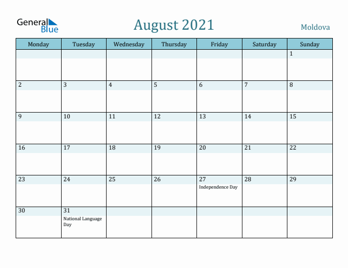 August 2021 Calendar with Holidays