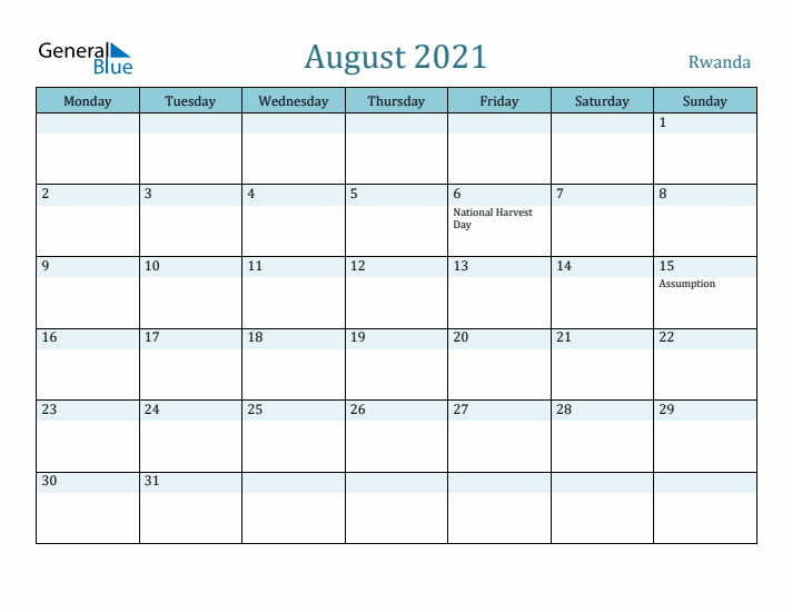 August 2021 Calendar with Holidays