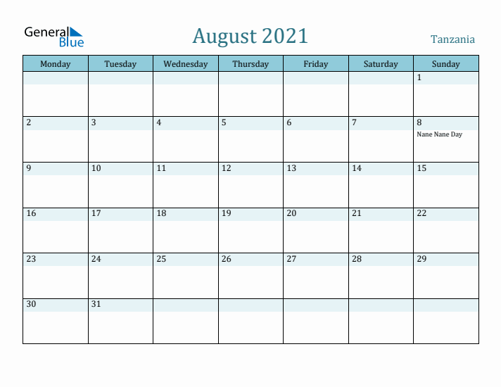 August 2021 Calendar with Holidays