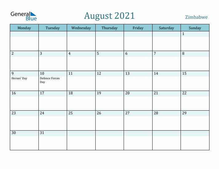 August 2021 Calendar with Holidays