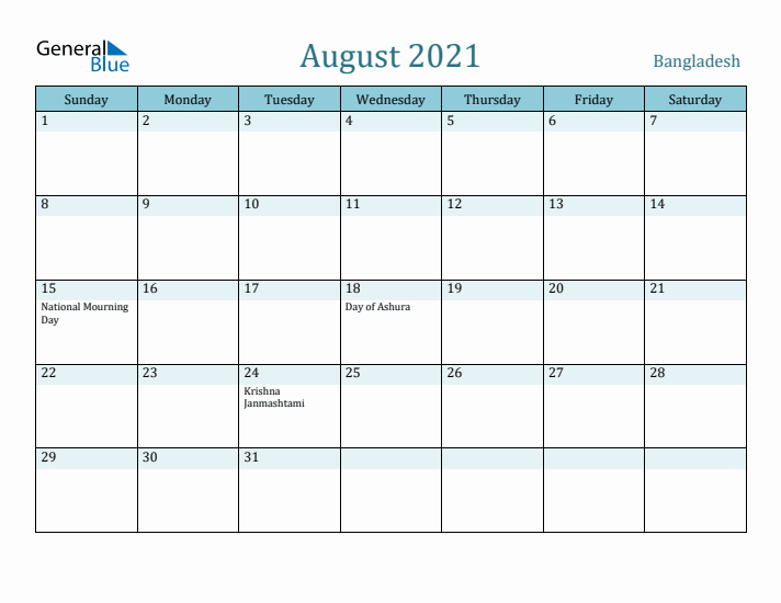 August 2021 Calendar with Holidays