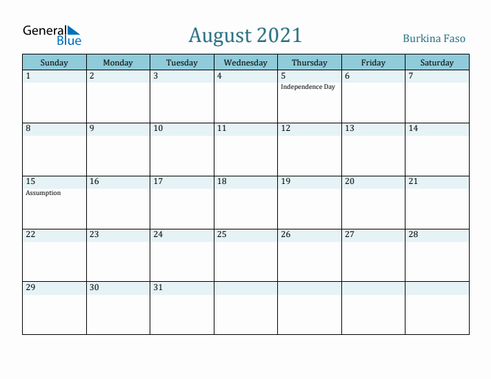 August 2021 Calendar with Holidays