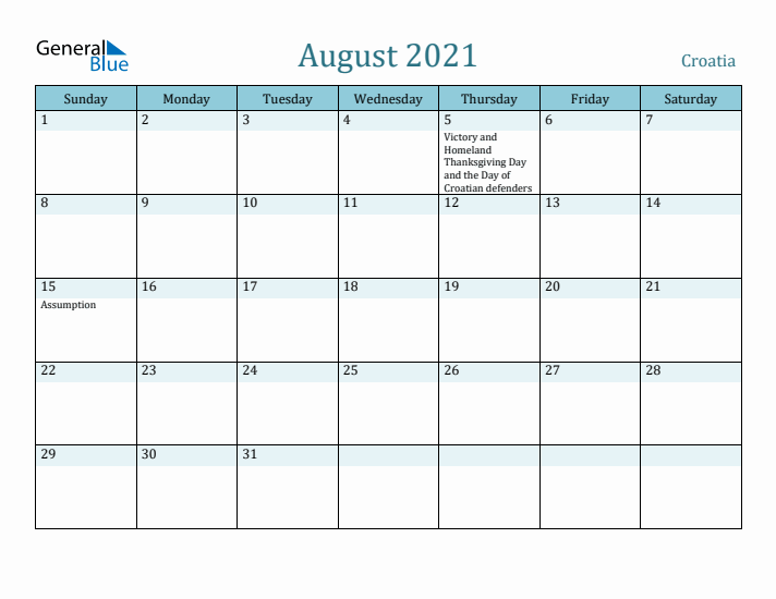 August 2021 Calendar with Holidays